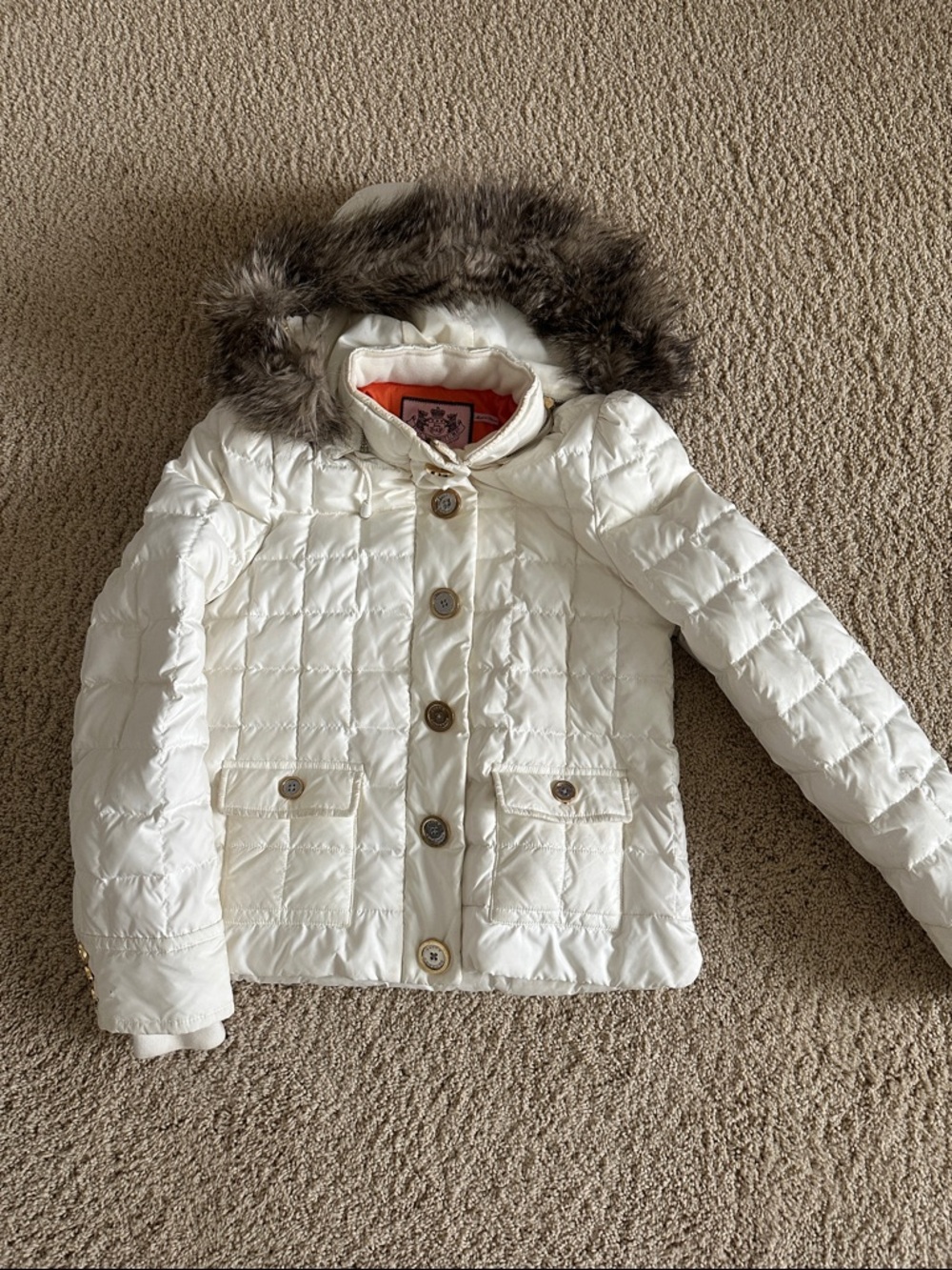 Juicy Couture White Quilted Puffer Coat with Faux Fur Hood